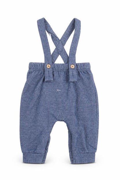 Front view of George boys’ blue polyester capri trousers, size 0-3, months button - cross back