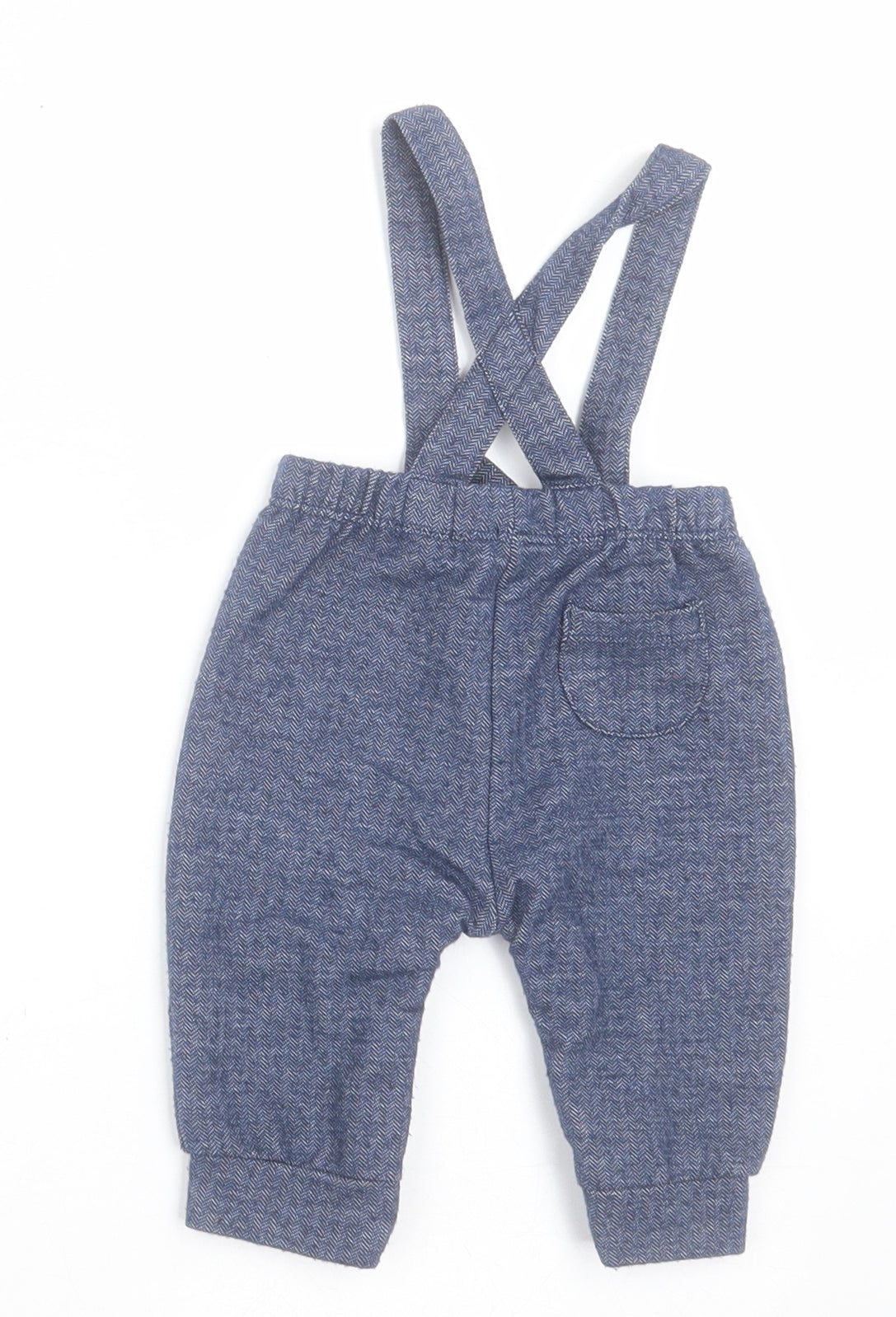 Back view of George boys’ blue polyester capri trousers, size 0-3, months button - cross back