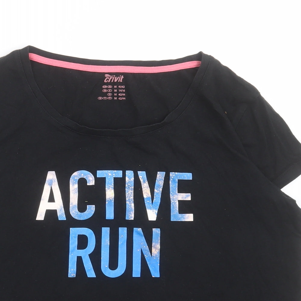 Close-up detail of Crivit women’s black cotton basic t-shirt, size M, crew neck pullover