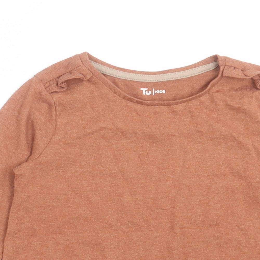 Close-up detail of Tu girls’ brown cotton basic casual, size 5-6, years crew neck pullover