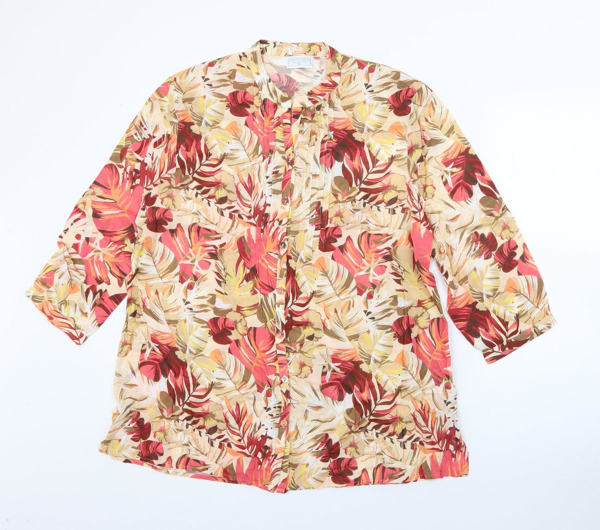 Additional front view of cotswold collection women’s beige floral viscose basic blouse, size UK 12, crew neck
