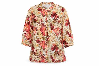Front view of cotswold collection women’s beige floral viscose basic blouse, size UK 12, crew neck