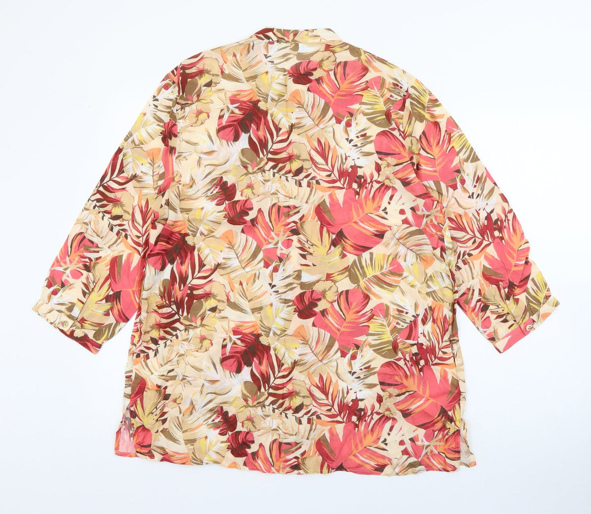 Back view of cotswold collection women’s beige floral viscose basic blouse, size UK 12, crew neck