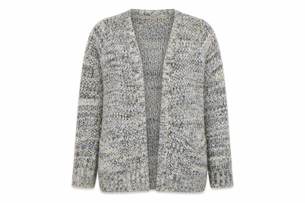 Front view of Papaya women’s grey v-neck acrylic cardigan jumper, size S