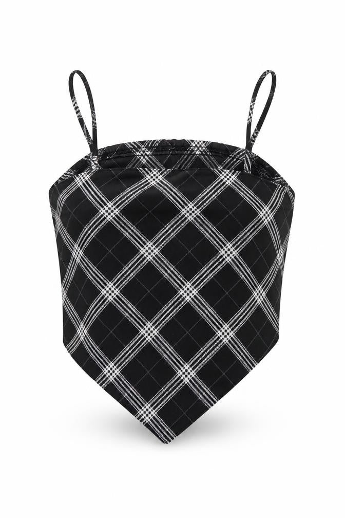 Front view of H&M women’s black plaid polyester cropped tank, size XS, square neck