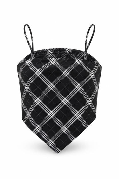 Front view of H&M women’s black plaid polyester cropped tank, size XS, square neck