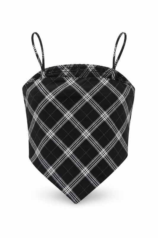 Front view of H&M women’s black plaid polyester cropped tank, size XS, square neck