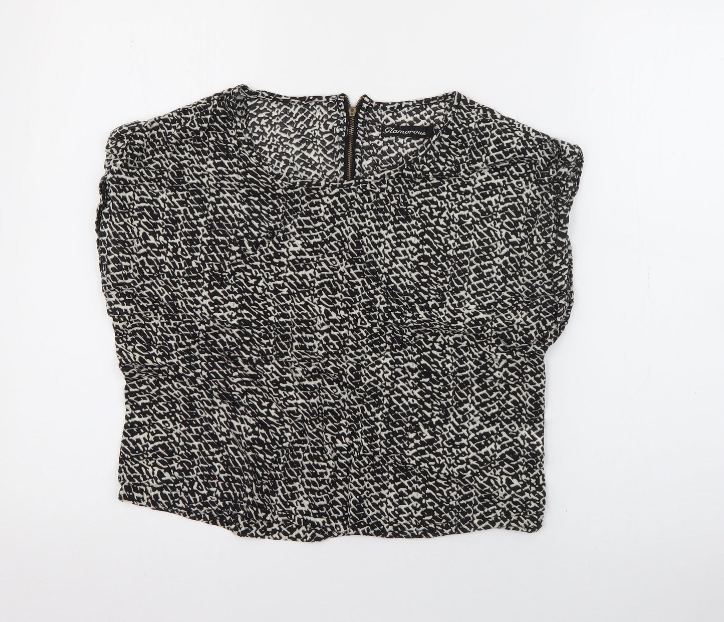 Glamorous Womens Black Geometric Cotton Basic Blouse Size 8 Round Neck