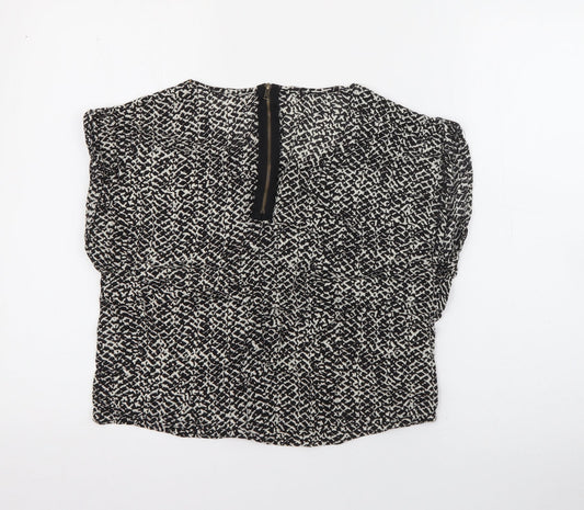 Glamorous Womens Black Geometric Cotton Basic Blouse Size 8 Round Neck