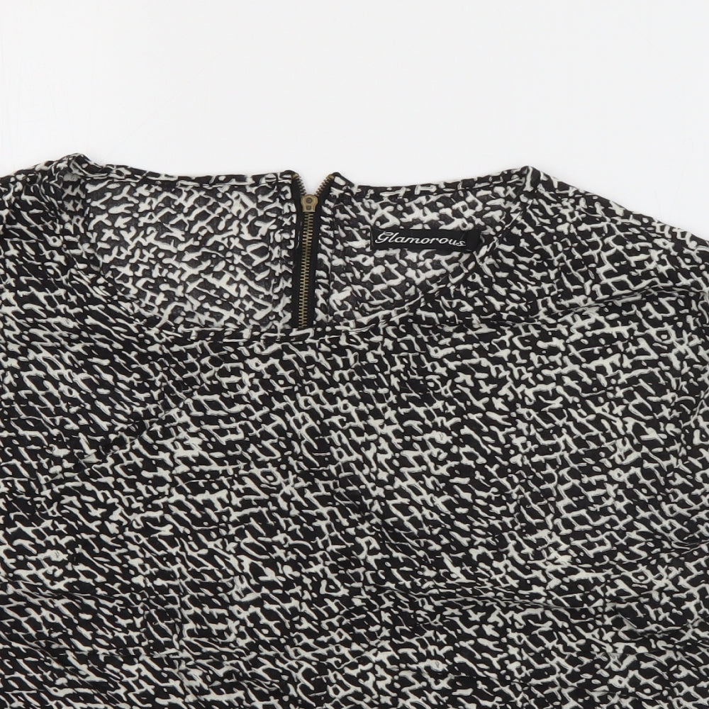 Glamorous Womens Black Geometric Cotton Basic Blouse Size 8 Round Neck