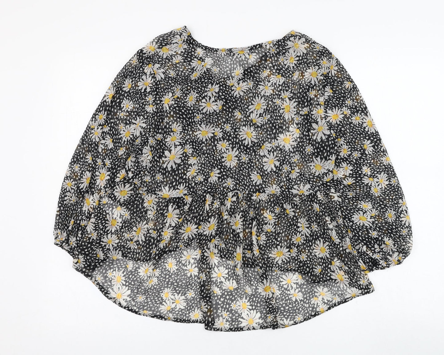 Primark Womens Black Floral Polyester Basic Blouse Size 10 V-Neck