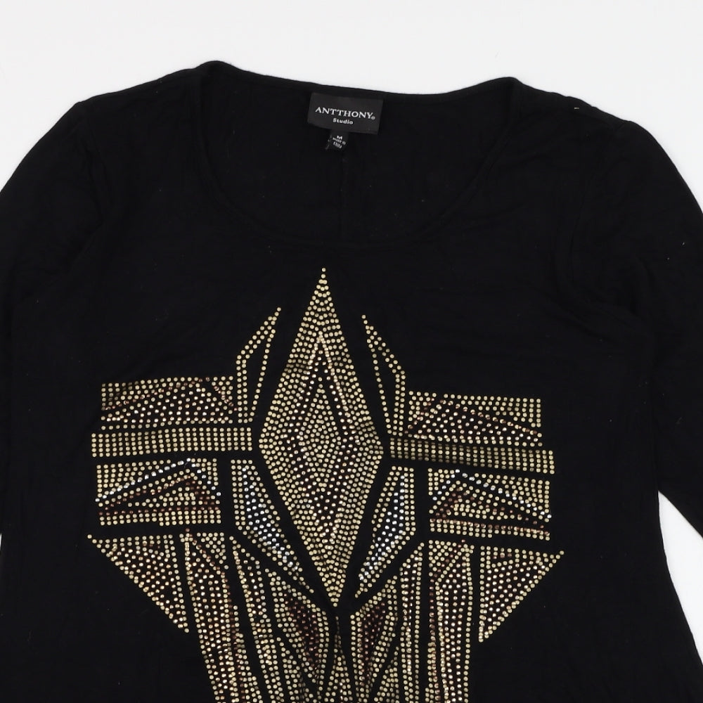 Close-up detail of Anthony women’s black viscose basic t-shirt, size M, round neck