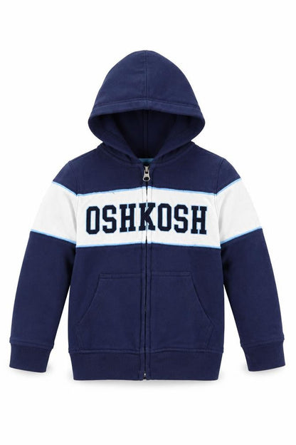 Front view of Oshkosh boys’ blue cotton pullover hoodie, size 5, years