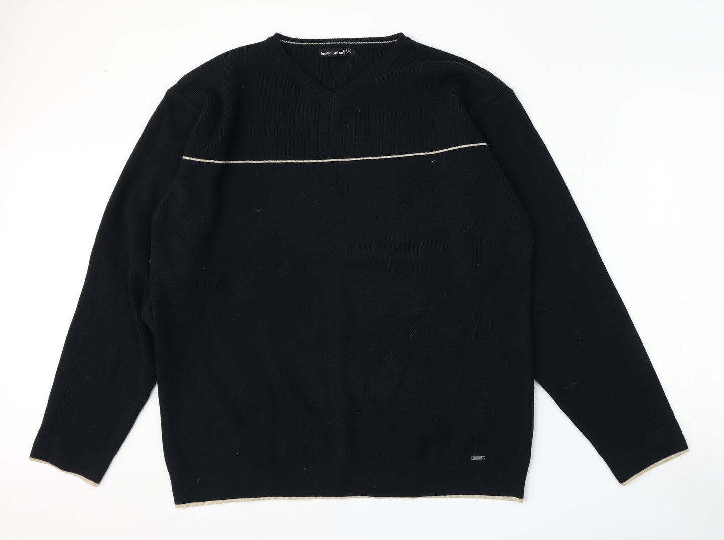 Fashion Union Mens Blue V-Neck  Polyester Pullover Jumper Size L