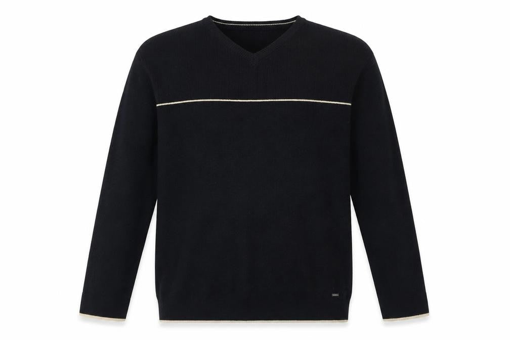 Front view of Fashion Union men’s blue v-neck polyester jumper, size L