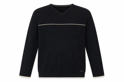 Front view of Fashion Union men’s blue v-neck polyester jumper, size L