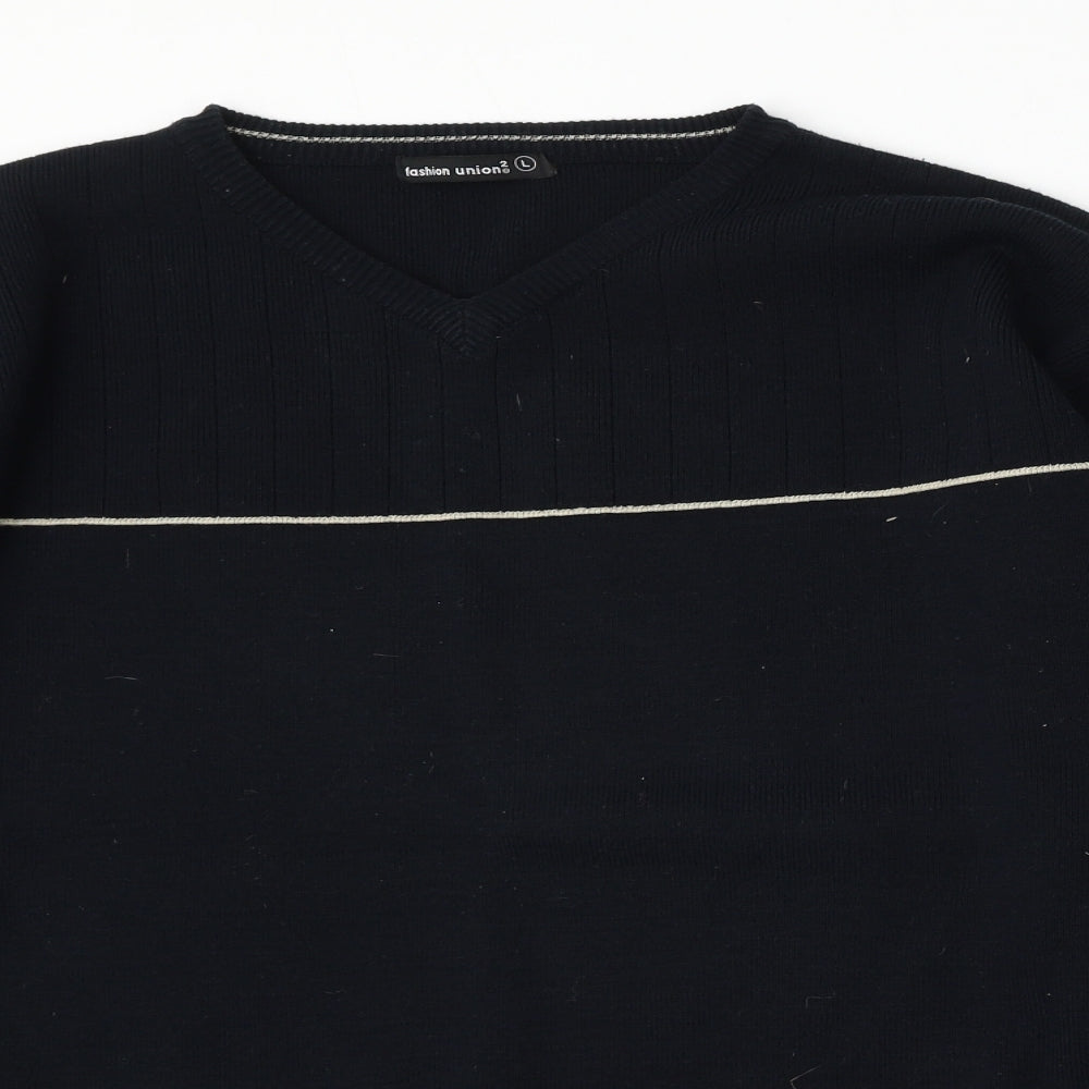 Fashion Union Mens Blue V-Neck  Polyester Pullover Jumper Size L