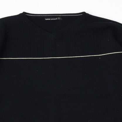Fashion Union Mens Blue V-Neck  Polyester Pullover Jumper Size L