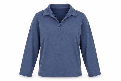 Front view of Editions women’s blue polyester pullover sweatshirt, size L, button