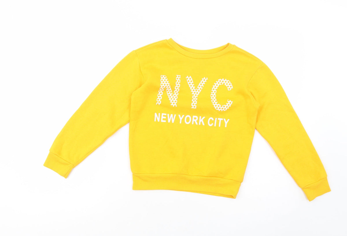 Front view of Primark girls’ yellow polyester pullover sweatshirt, size 9-10, years pullover - nyc