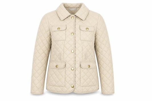 Front view of Vintage Boutique women’s beige quilted jacket, size UK 12, snap
