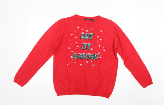 ESMARA Womens Red Crew Neck  Acrylic Pullover Jumper Size 14   - Let It Snow