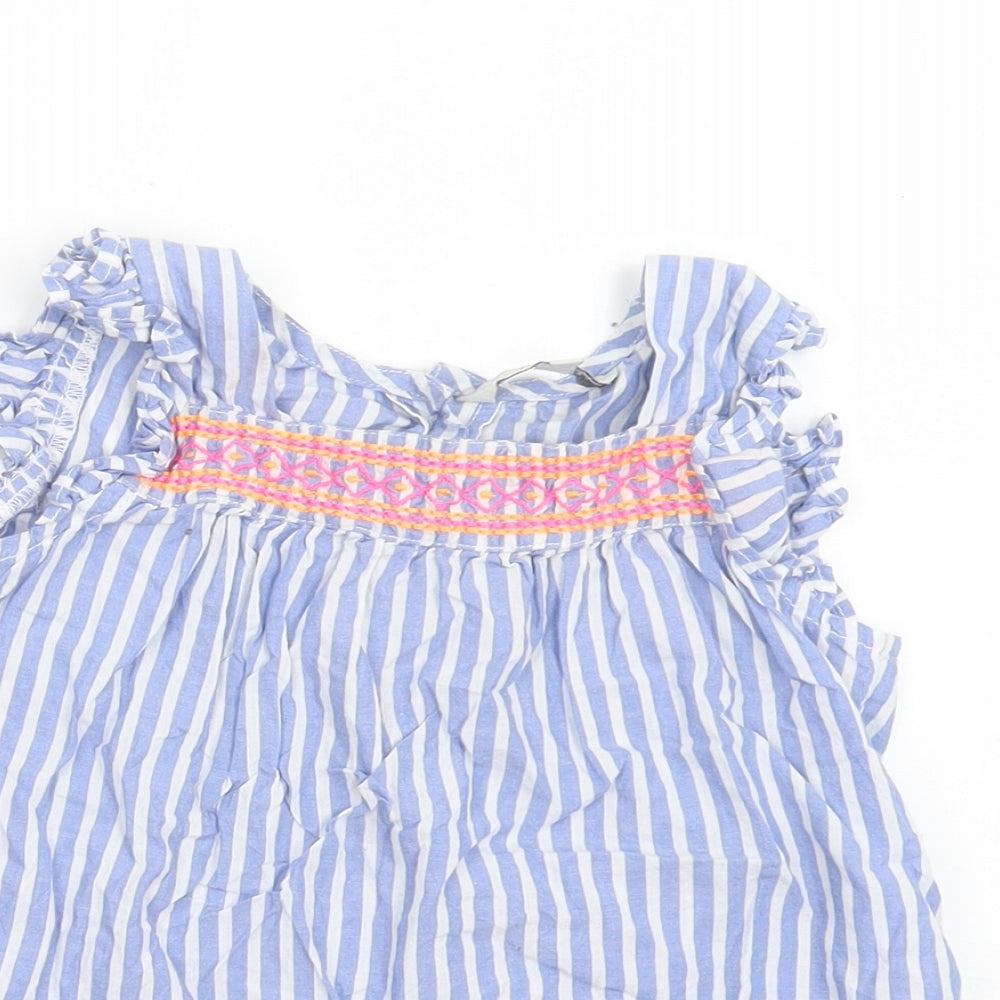 E-vie Angel Girls Blue Striped Cotton Pullover Blouse Size 5-6 Years Square Neck Button