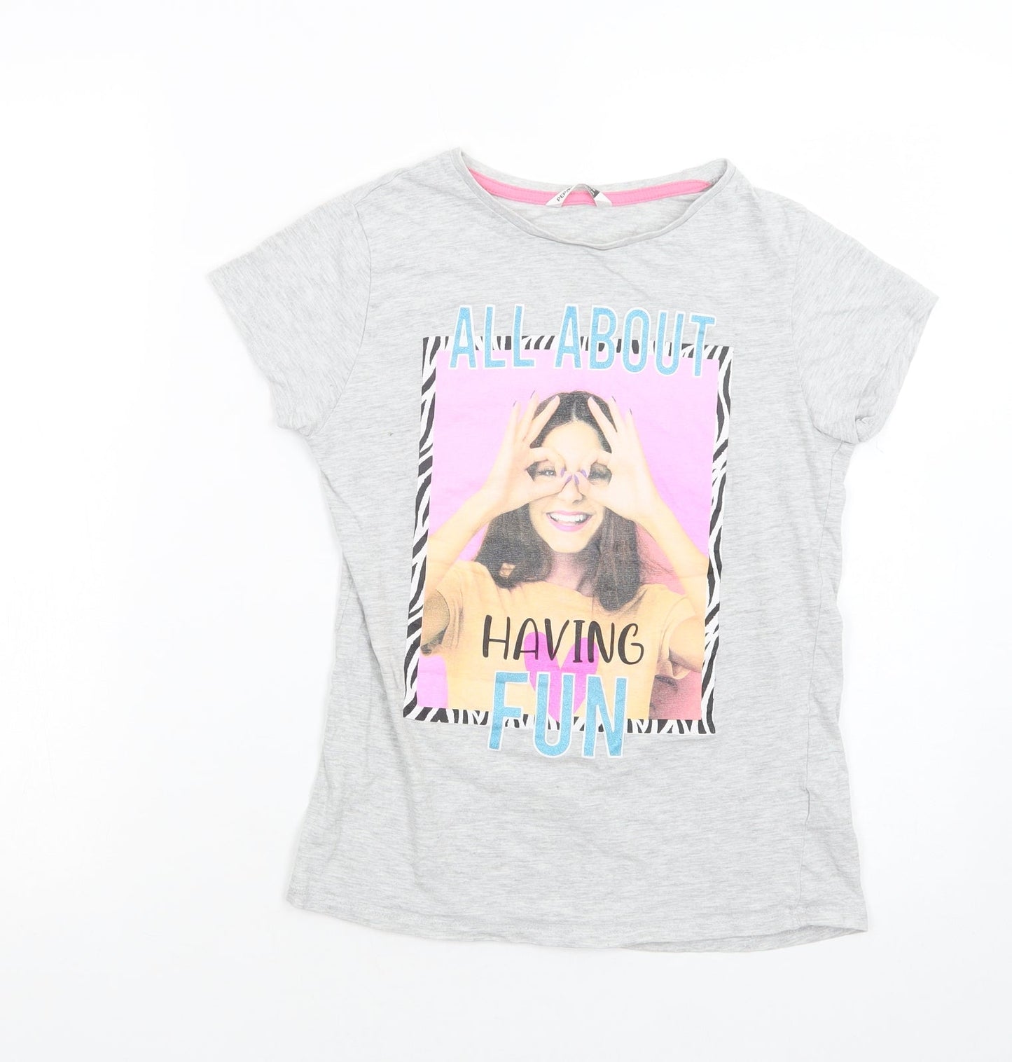 Pep & CO Girls Grey  Cotton Pullover T-Shirt Size 11-12 Years Crew Neck Pullover - Having Fun