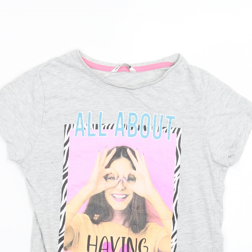 Pep & CO Girls Grey  Cotton Pullover T-Shirt Size 11-12 Years Crew Neck Pullover - Having Fun