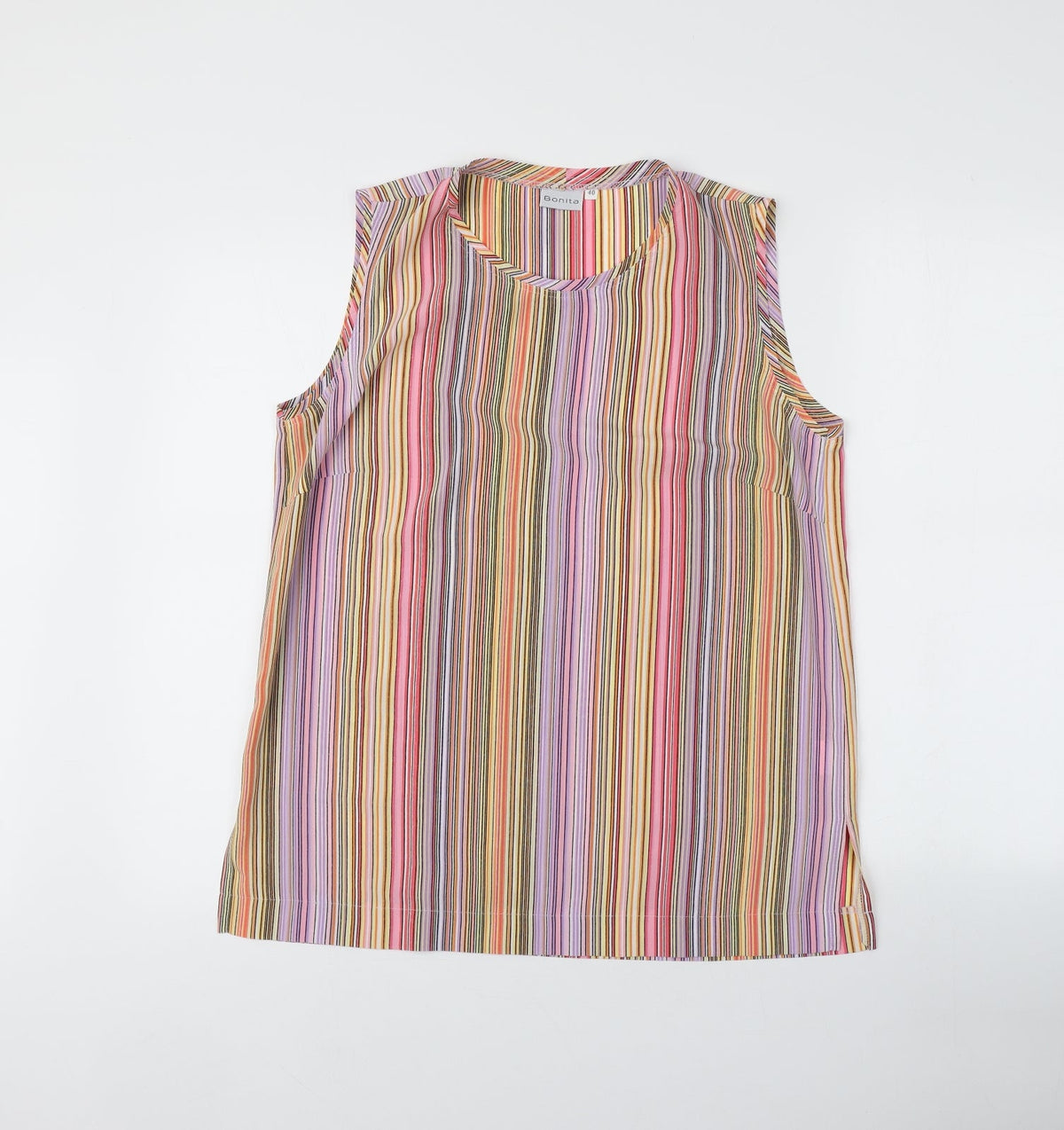 Additional front view of Bonita women’s multicoloured striped polyester basic tank, size UK 12, round neck