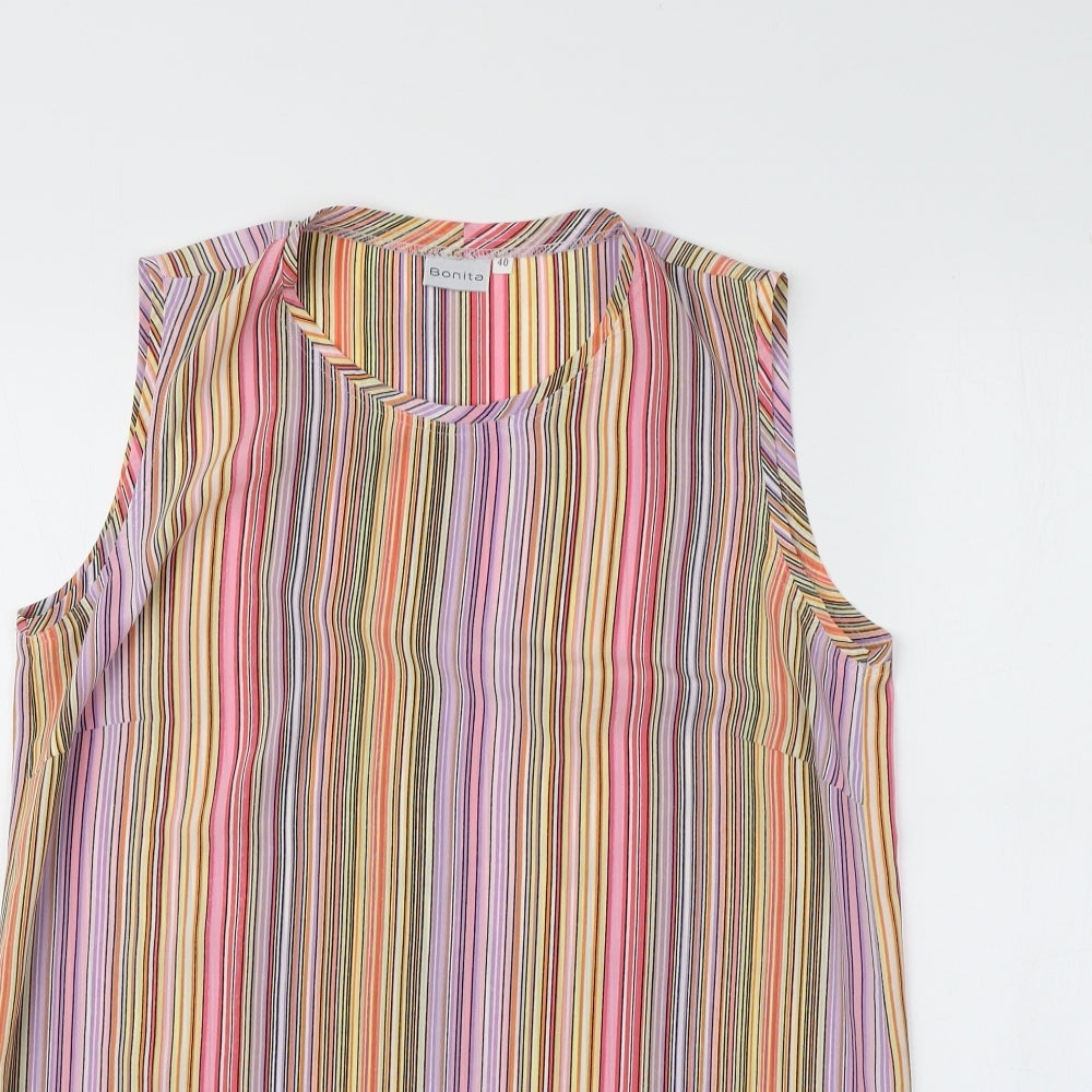Close-up detail of Bonita women’s multicoloured striped polyester basic tank, size UK 12, round neck