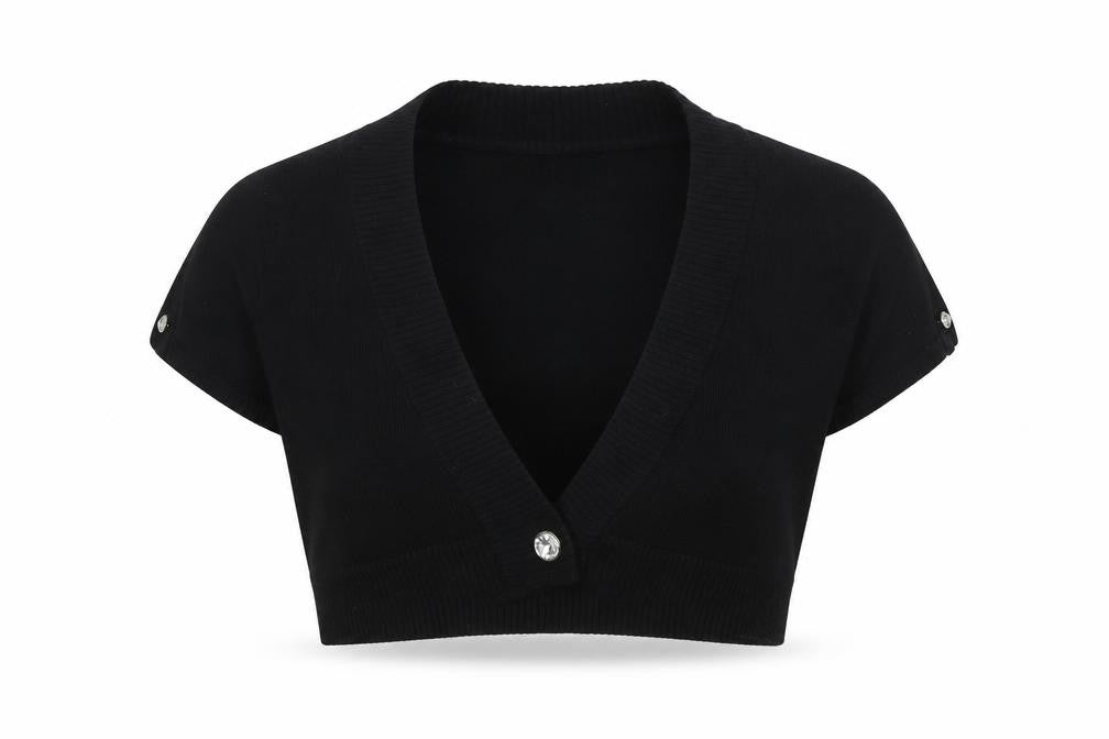 Front view of Bay women’s black v-neck cotton shrug jumper, size UK 14