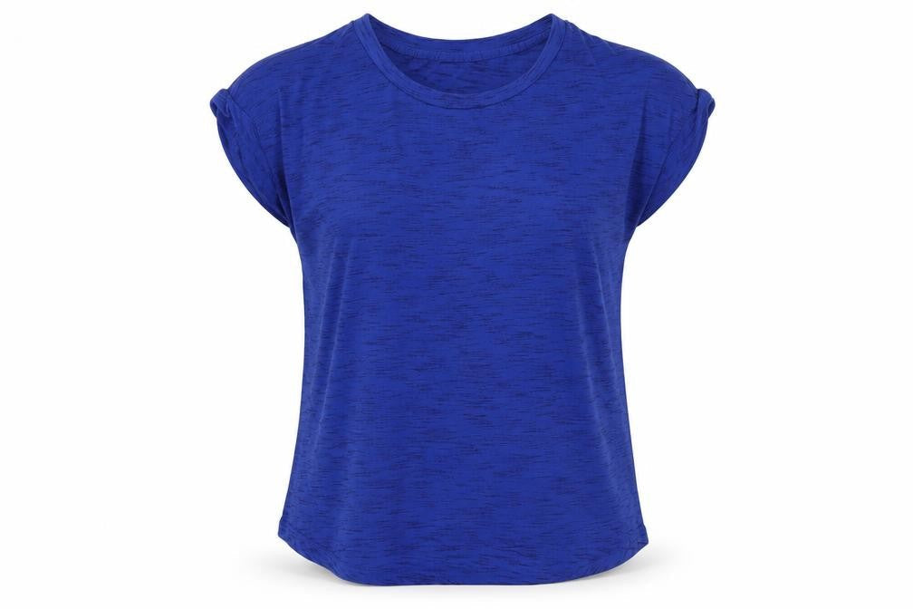 Front view of Kyodon women’s blue polyester basic t-shirt, size M, round neck