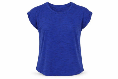 Front view of Kyodon women’s blue polyester basic t-shirt, size M, round neck