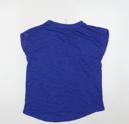 Back view of Kyodon women’s blue polyester basic t-shirt, size M, round neck