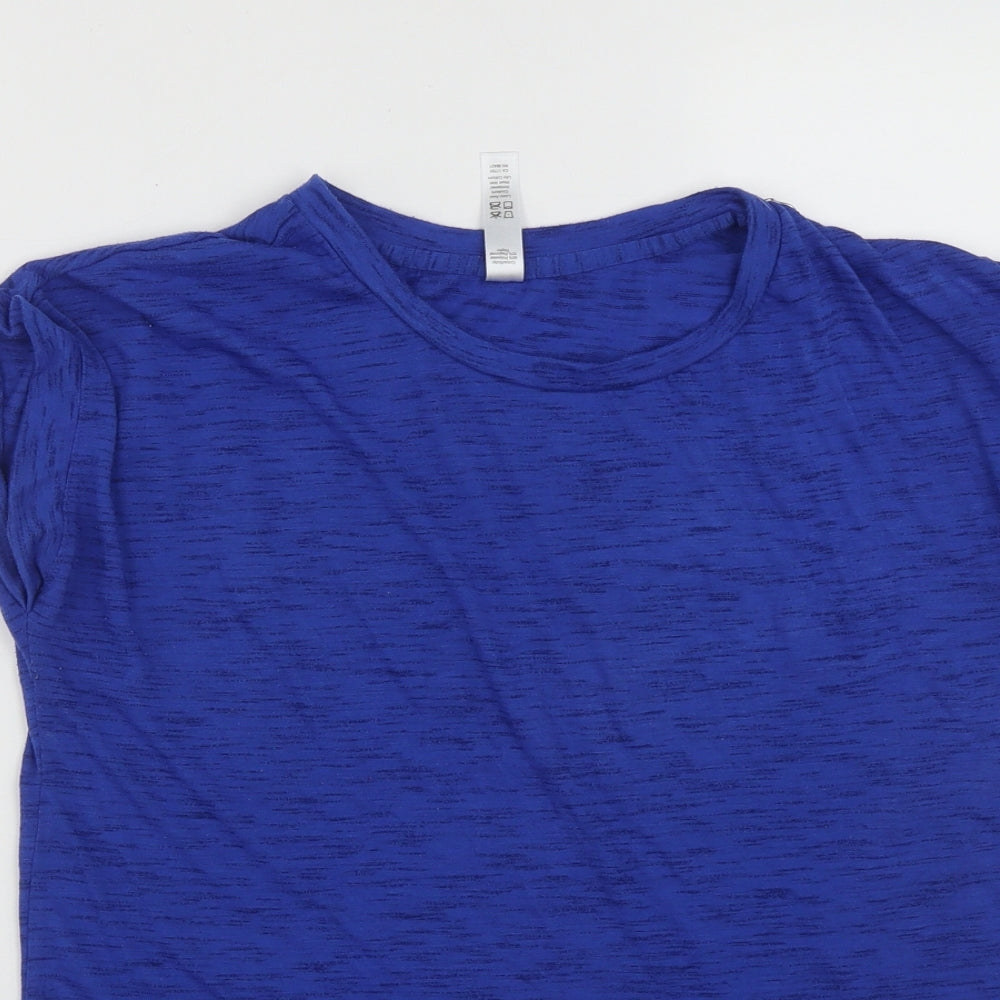 Close-up detail of Kyodon women’s blue polyester basic t-shirt, size M, round neck