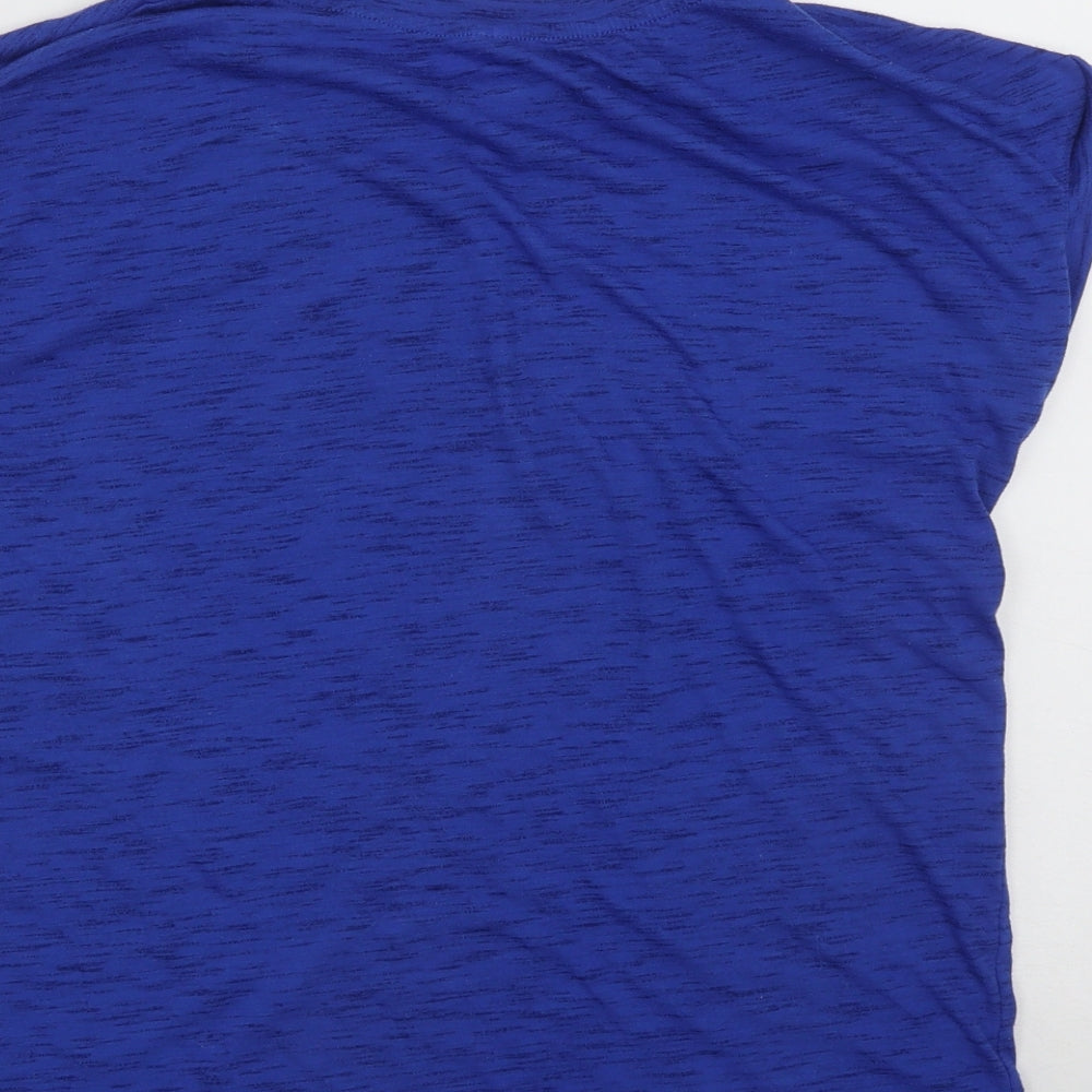 Brand and care label for Kyodon women’s blue polyester basic t-shirt, size M, round neck