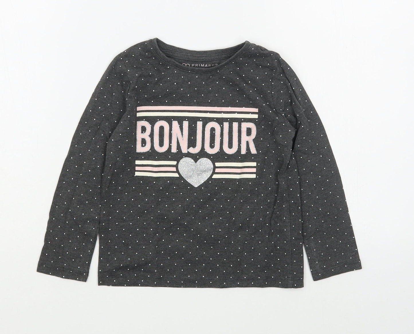 Primark Girls Grey Polka Dot Cotton Basic T-Shirt Size 3-4 Years Round Neck Pullover