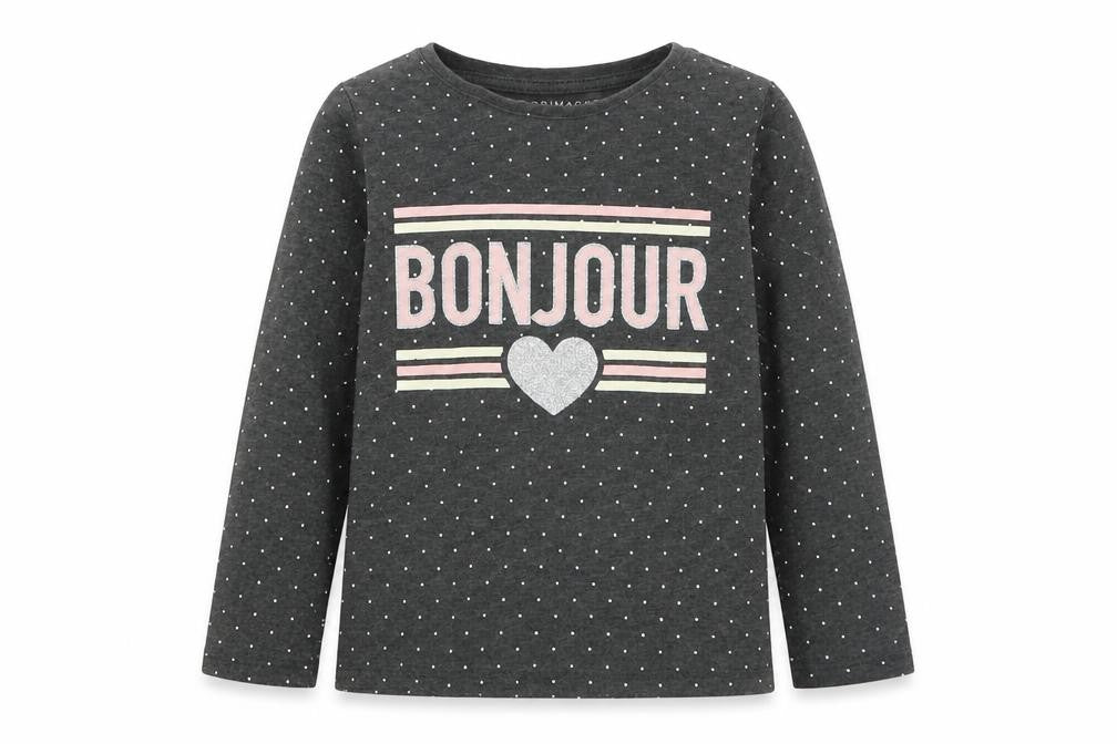 Front view of Primark girls’ grey polka dot cotton basic t-shirt, size 3-4, years round neck pullover