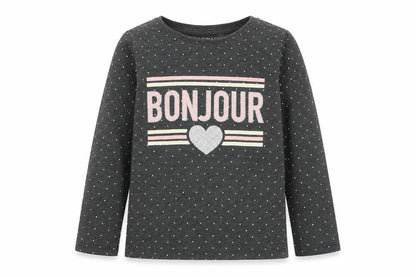 Front view of Primark girls’ grey polka dot cotton basic t-shirt, size 3-4, years round neck pullover