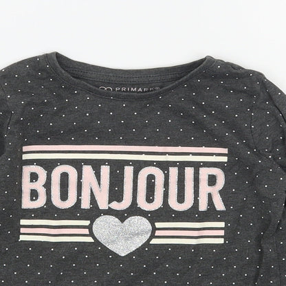 Primark Girls Grey Polka Dot Cotton Basic T-Shirt Size 3-4 Years Round Neck Pullover