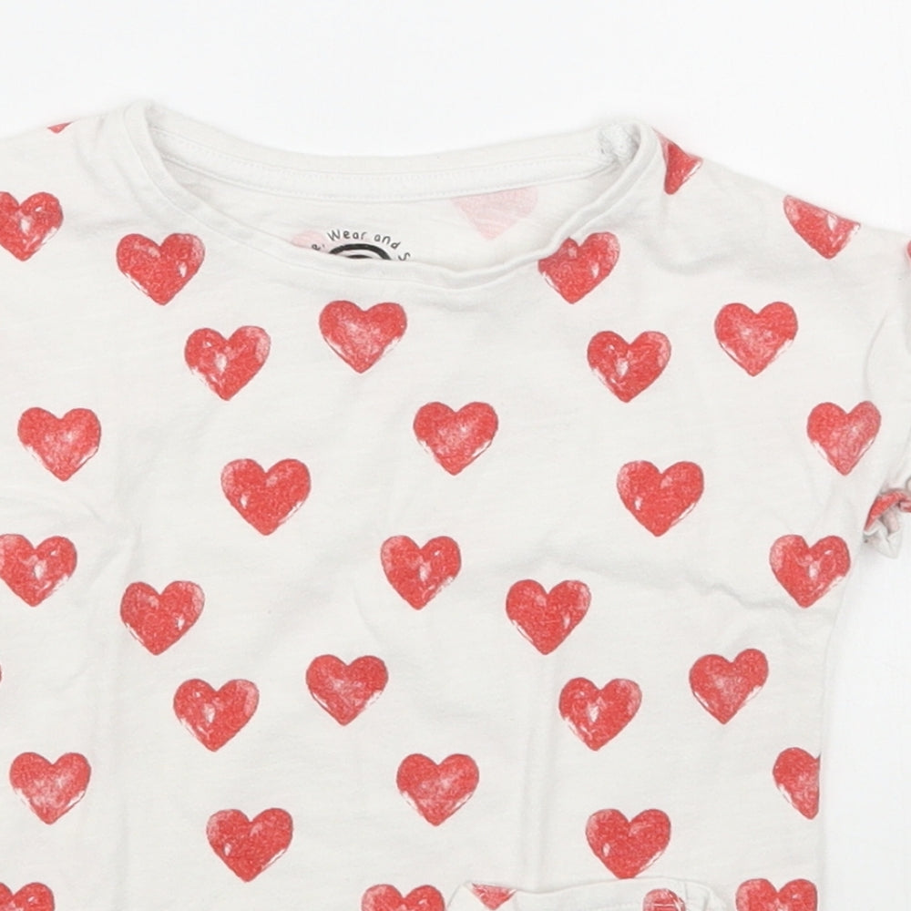 F&F Girls White Geometric 100% Cotton Basic T-Shirt Size 24 Months Round Neck Pullover