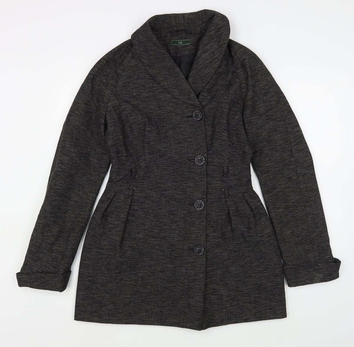 Front view of Evie Belle women’s grey overcoat coat, size UK 12, button