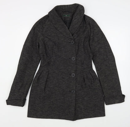 Front view of Evie Belle women’s grey overcoat coat, size UK 12, button