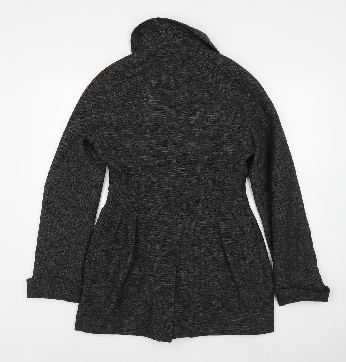 Back view of Evie Belle women’s grey overcoat coat, size UK 12, button