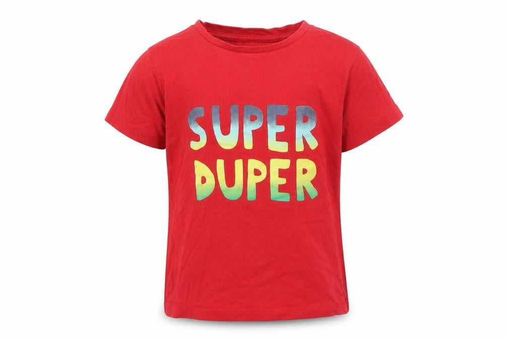Front view of Dunnes boys’ red cotton basic casual, size 2-3, years round neck - super duper