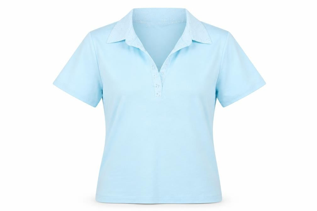 Front view of Paramount women’s blue polyester basic t-shirt, size M, v-neck