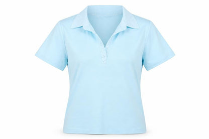 Front view of Paramount women’s blue polyester basic t-shirt, size M, v-neck