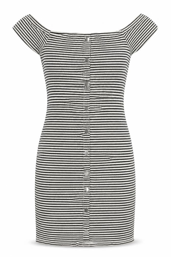 Front view of River Island women’s black striped cotton bodycon, size UK 6, off the shoulder