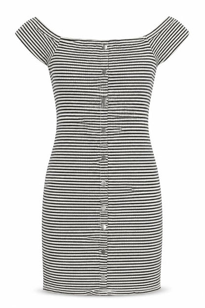 Front view of River Island women’s black striped cotton bodycon, size UK 6, off the shoulder